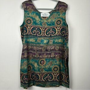Vintage SUTTLE & SEAWINDS green colorful paisley and daisy flower Tunic